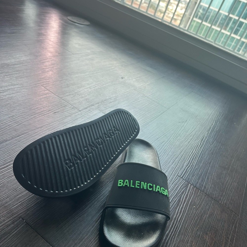 "Balenciaga Men's Black and Green Swim Slippers: